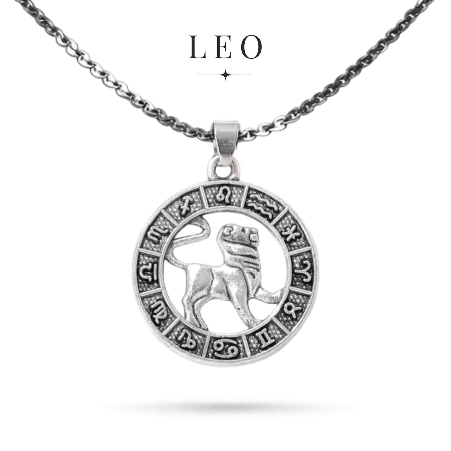 Silver tone Leo zodiac necklace with all horoscope symbols border