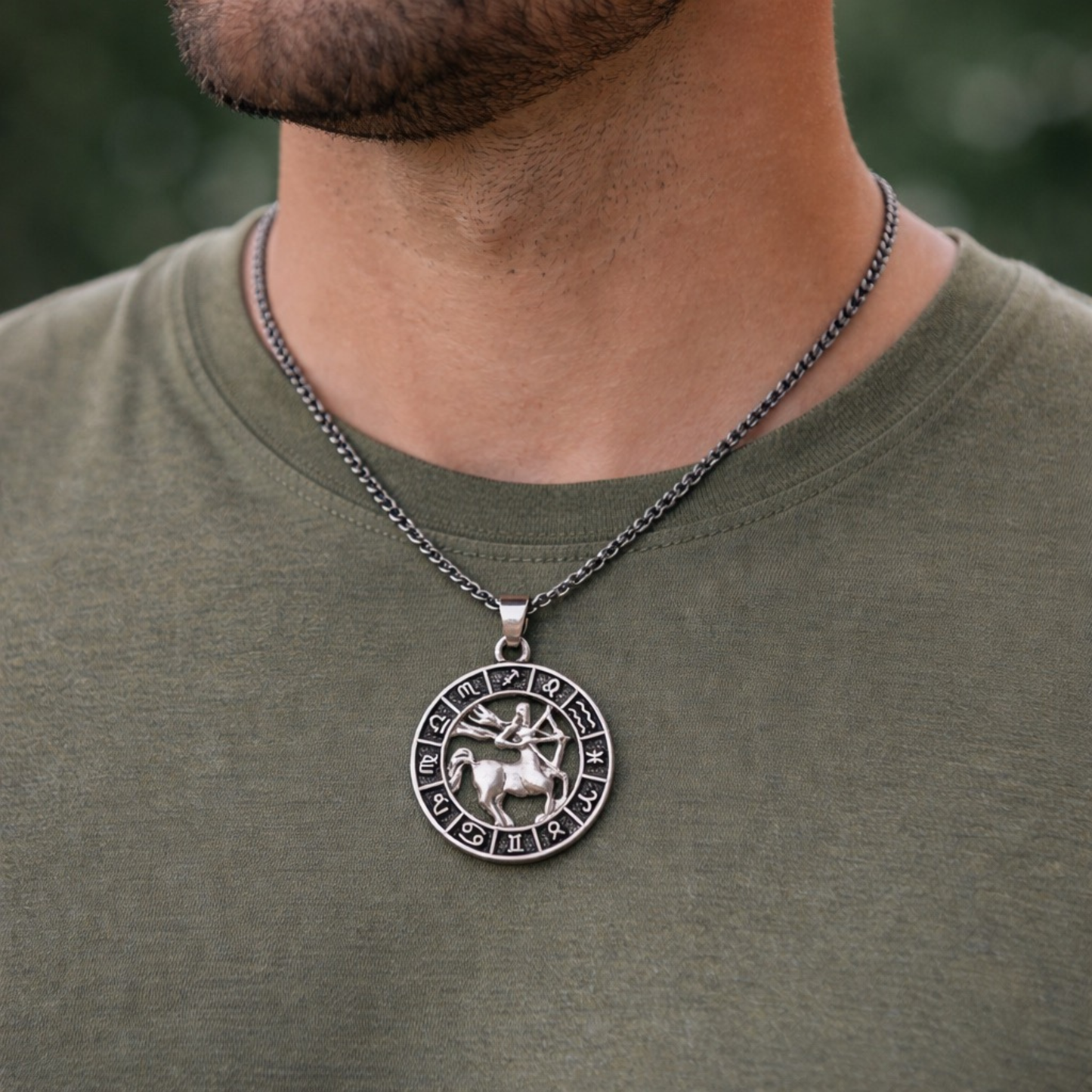 Silver tone Sagittarius zodiac necklace with all horoscope symbols border