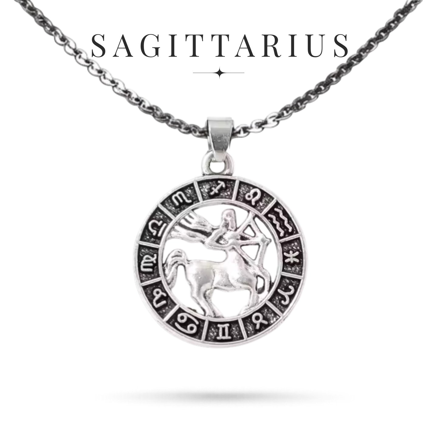 Silver tone Sagittarius zodiac necklace with all horoscope symbols border