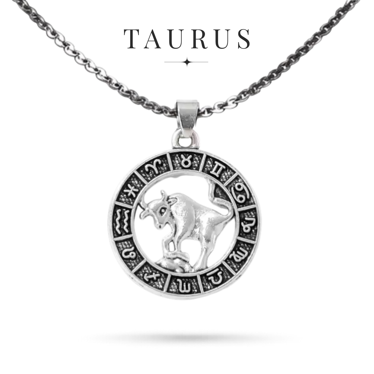 Silver tone Taurus zodiac necklace with all horoscope symbols border