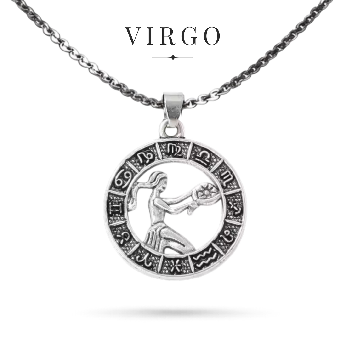 Silver tone Virgo zodiac necklace with all horoscope symbols border